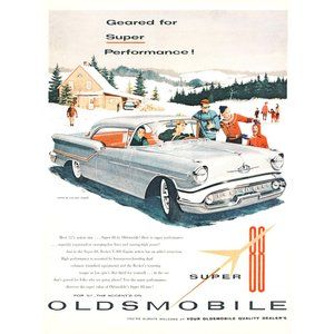 1957 Oldsmobile Super 88 Holiday Coupe Silver Vintage Print Ad Winter Snow Cabin